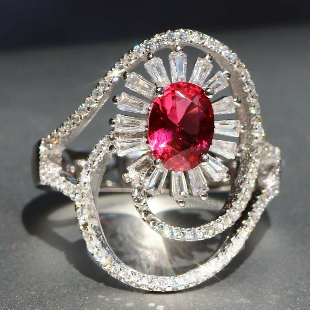 Red Ruby 925 Silver Princess Flower ring